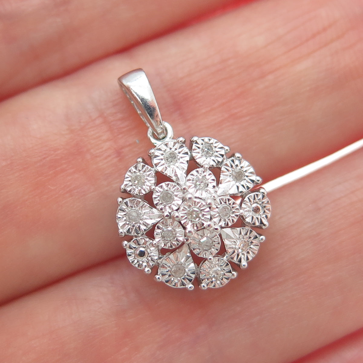 925 Sterling Silver Real Round-Cut Diamond Flower Minimalist Charm Pendant