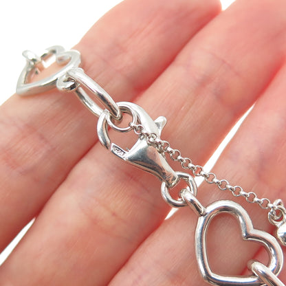 925 Sterling Silver Real Round-Cut Diamond Heart Link Bracelet 7.5"