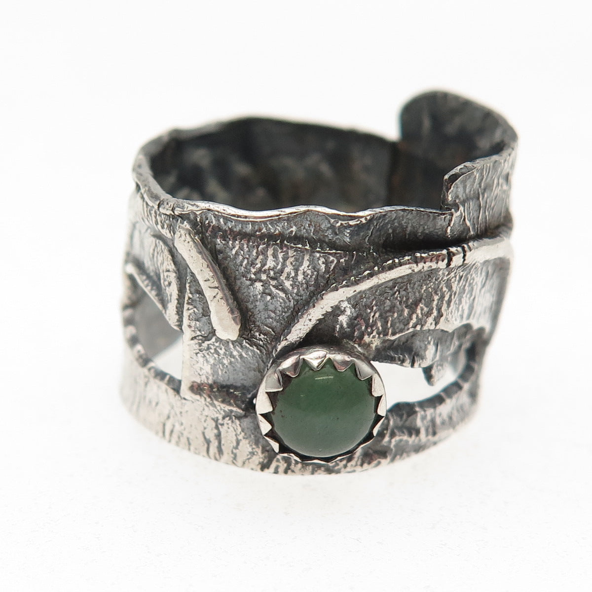 925 Sterling Silver Vintage Real Jade Modernist Oxidized Ring Size 9