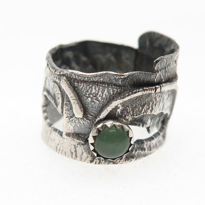 925 Sterling Silver Vintage Real Jade Modernist Oxidized Ring Size 9