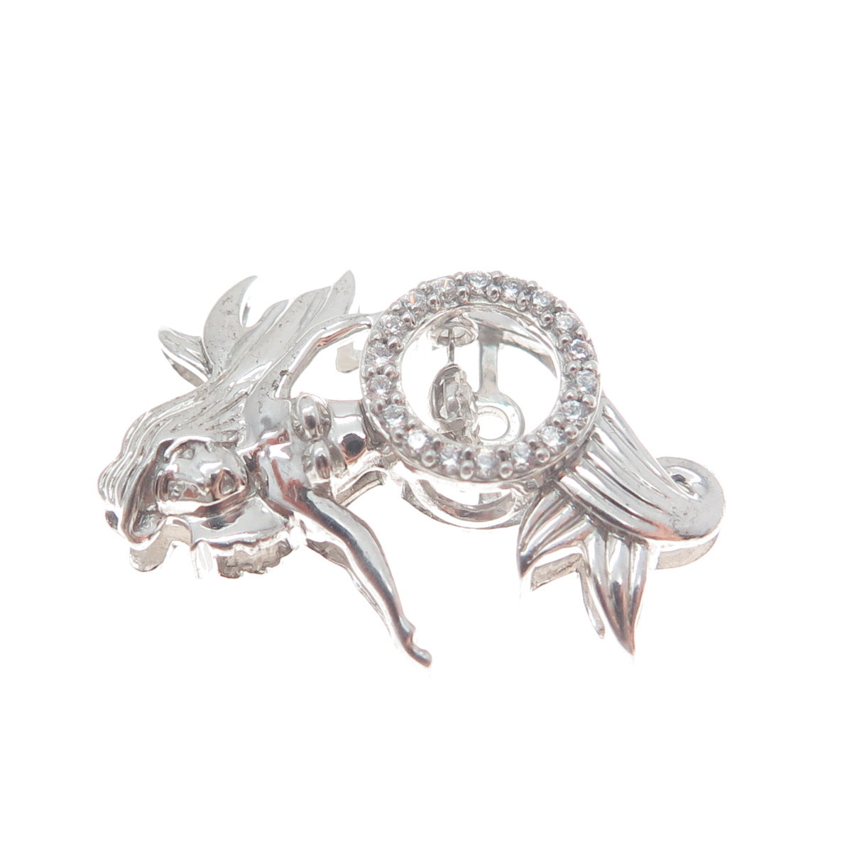 925 Sterling Silver Round-Cut C Z Ariel Mermaid Minimalist Charm Slide Pendant