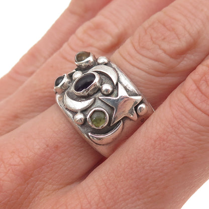 925 Sterling Vintage Real Amethyst Peridot Citrine Garnet Celestial Ring Size 7