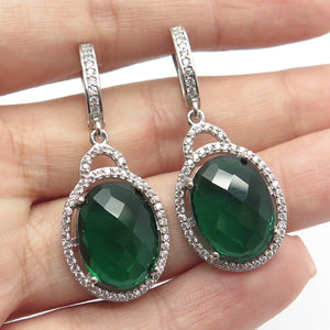 925 Sterling Silver White & Green C Z Dangling Earrings