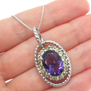 FADI 925 Sterling Silver Real Amethyst & Peridot Box Chain Necklace 18"