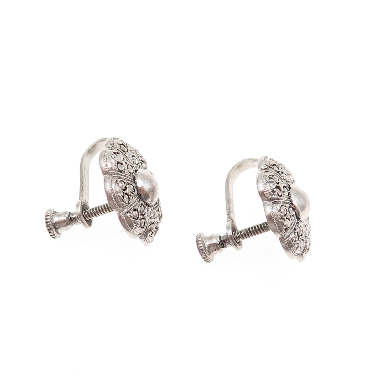 925 Sterling Silver Antique Art Deco Real Marcasite Floral Screw Back Earrings