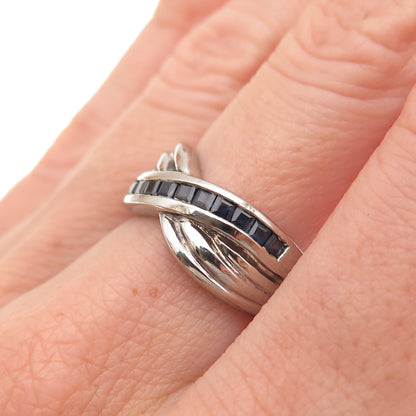 925 Sterling Silver Vintage Real Sapphire Crisscross Ring Size 7.25