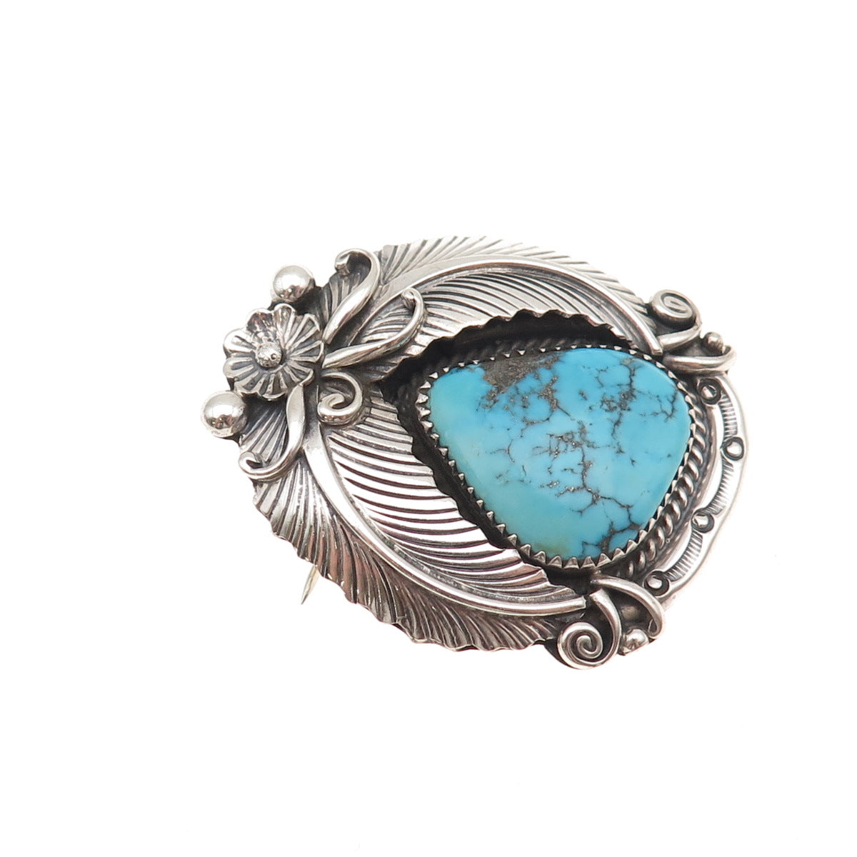 Old Pawn 925 Sterling Silver Vintage Morenci Turquoise Floral Pin Brooch Pendant