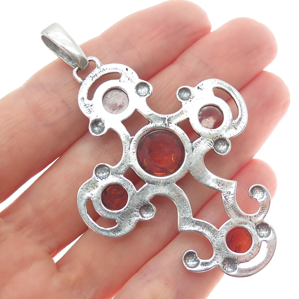 925 Sterling Silver Vintage Real Amber Modernist Cross Pendant
