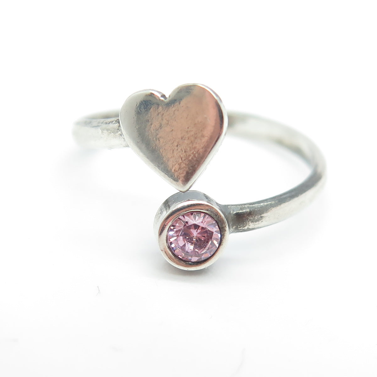 950 Silver Vintage Round-Cut Pink C Z Heart Adjustable Ring Size 7.5