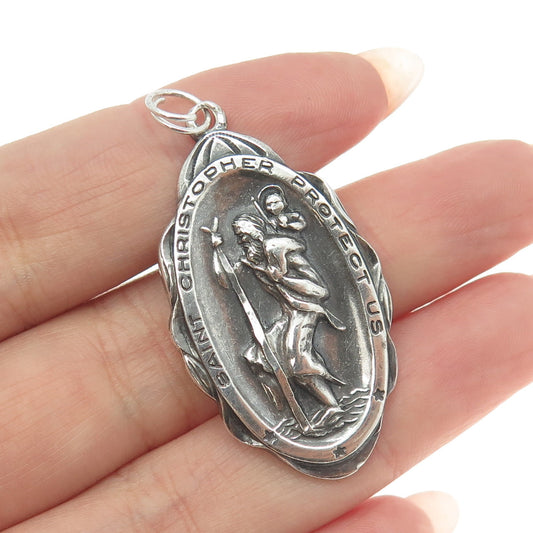 THEDA 925 Sterling Silver Antique Art Deco St. Christopher Religious Pendant