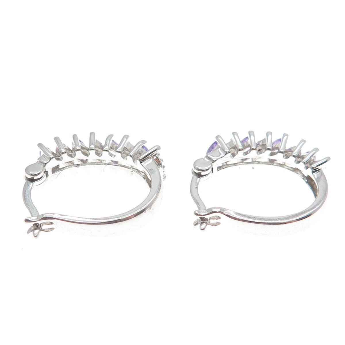 ROSS SIMONS 925 Sterling Silver Diamond Accent Amethyst Gem Hinged Hoop Earrings
