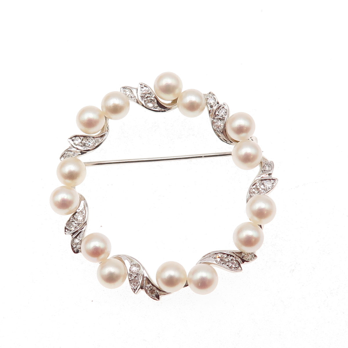925 Sterling Antique Art Deco Real Pearl & White Topaz Circle of Life Pin Brooch
