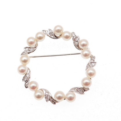 925 Sterling Antique Art Deco Real Pearl & White Topaz Circle of Life Pin Brooch