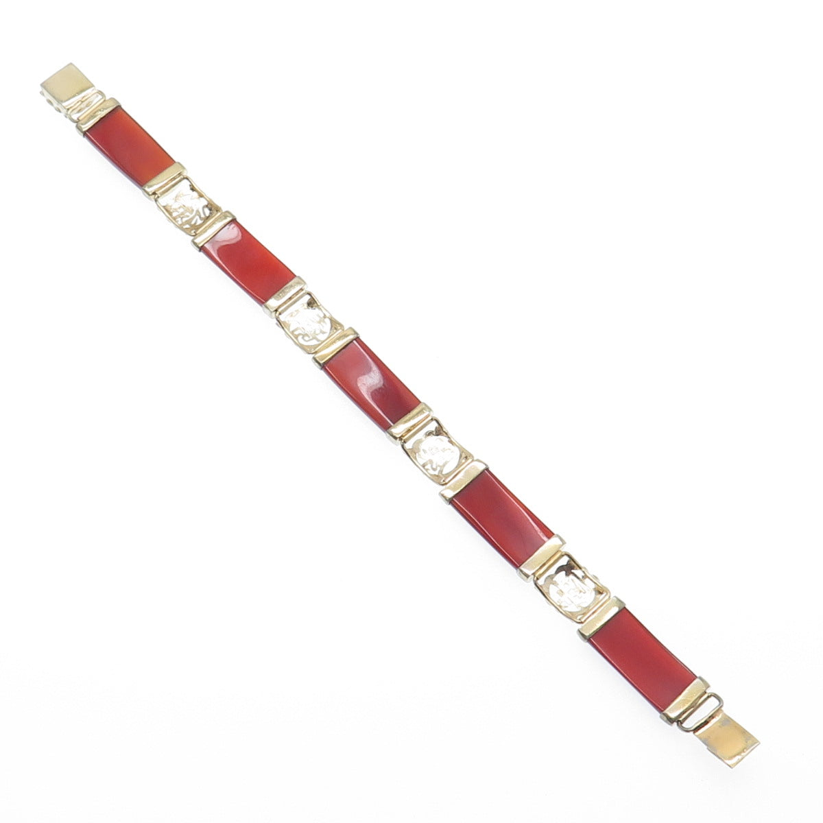 925 Sterling Gold Plated Vintage Real Carnelian Chinese Character Bracelet 7"