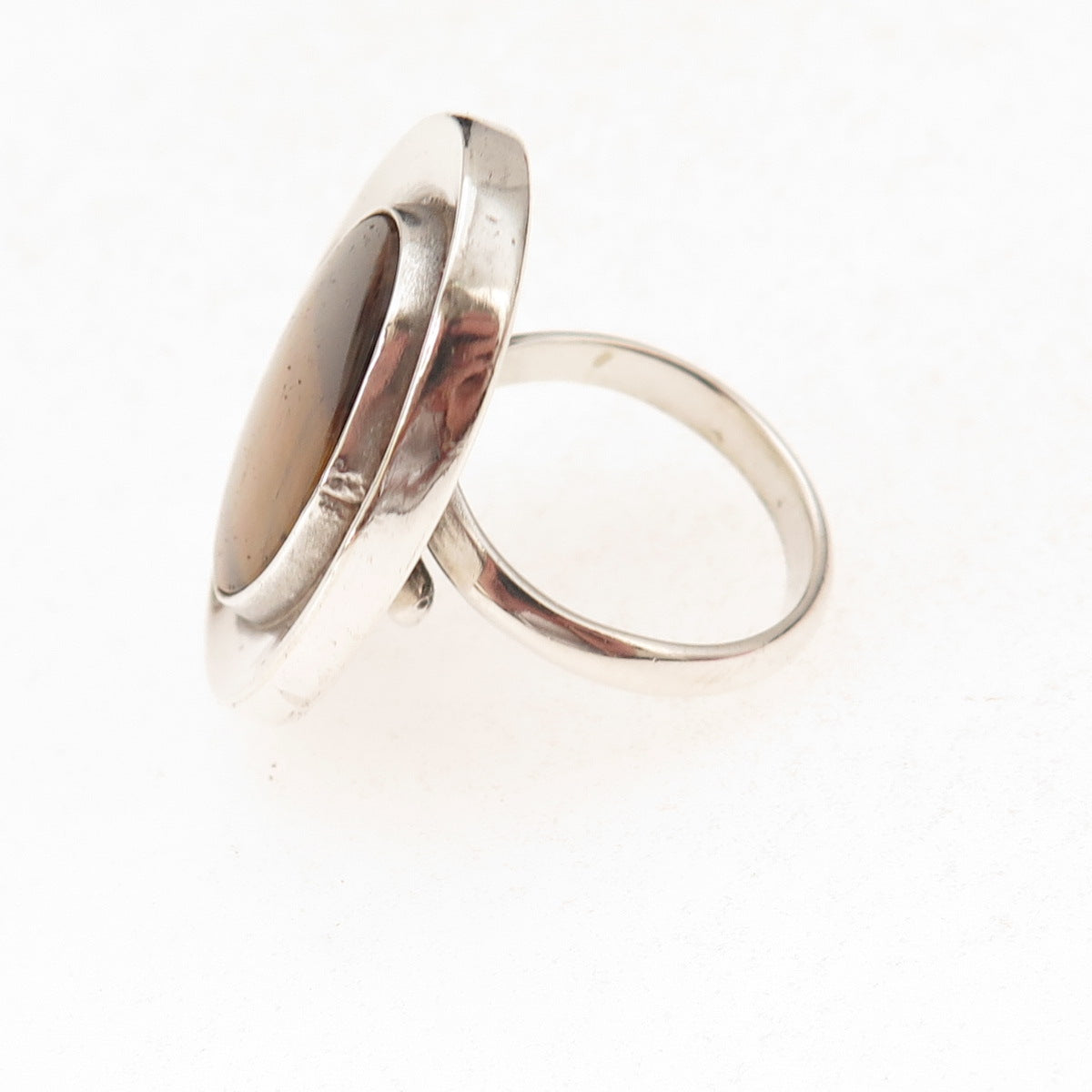 925 Sterling Silver Vintage Mexico Real Tiger Eye Modernist Ring Size 8.75