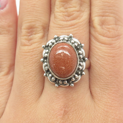 925 Sterling Silver Vintage Real Goldstone Gem Ethnic Ring Size 7.75
