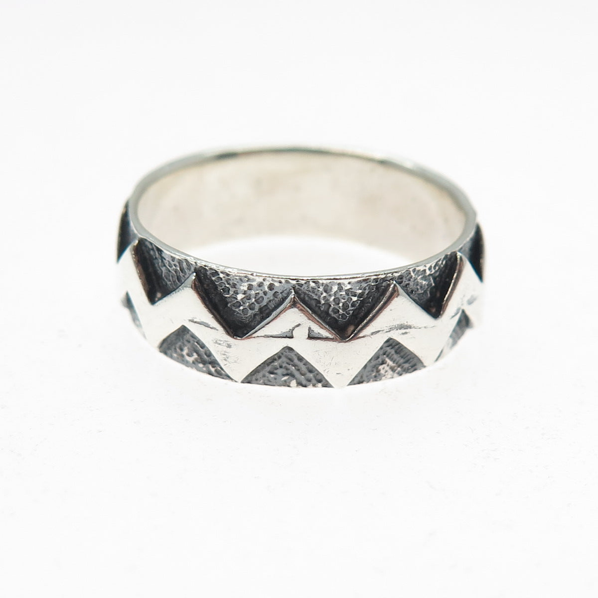 925 Sterling Silver Vintage Modernist Zig Zag Oxidized Band Ring Size 9.5