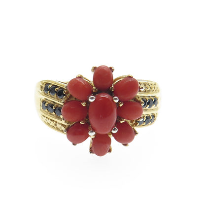 CHUCK CLEMENCY 925 Sterling Gold Plated Coral & Black Spinel Gem Ring Size 9.25