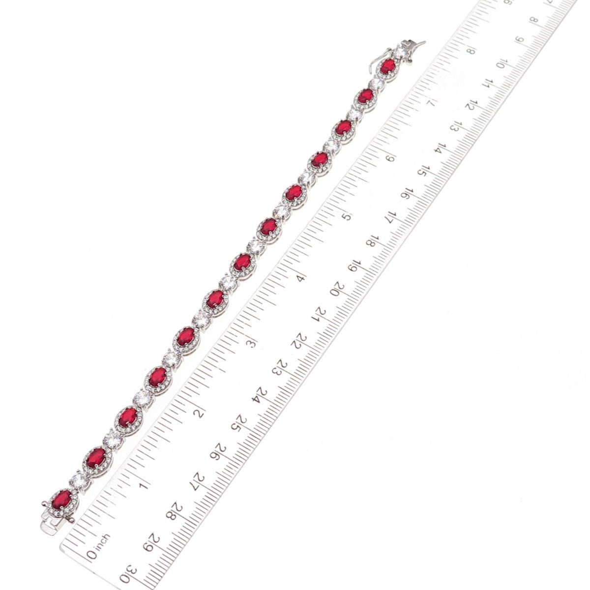 925 Sterling Silver Oval-Cut Red & Round-Cut White C Z Bracelet 7.25"