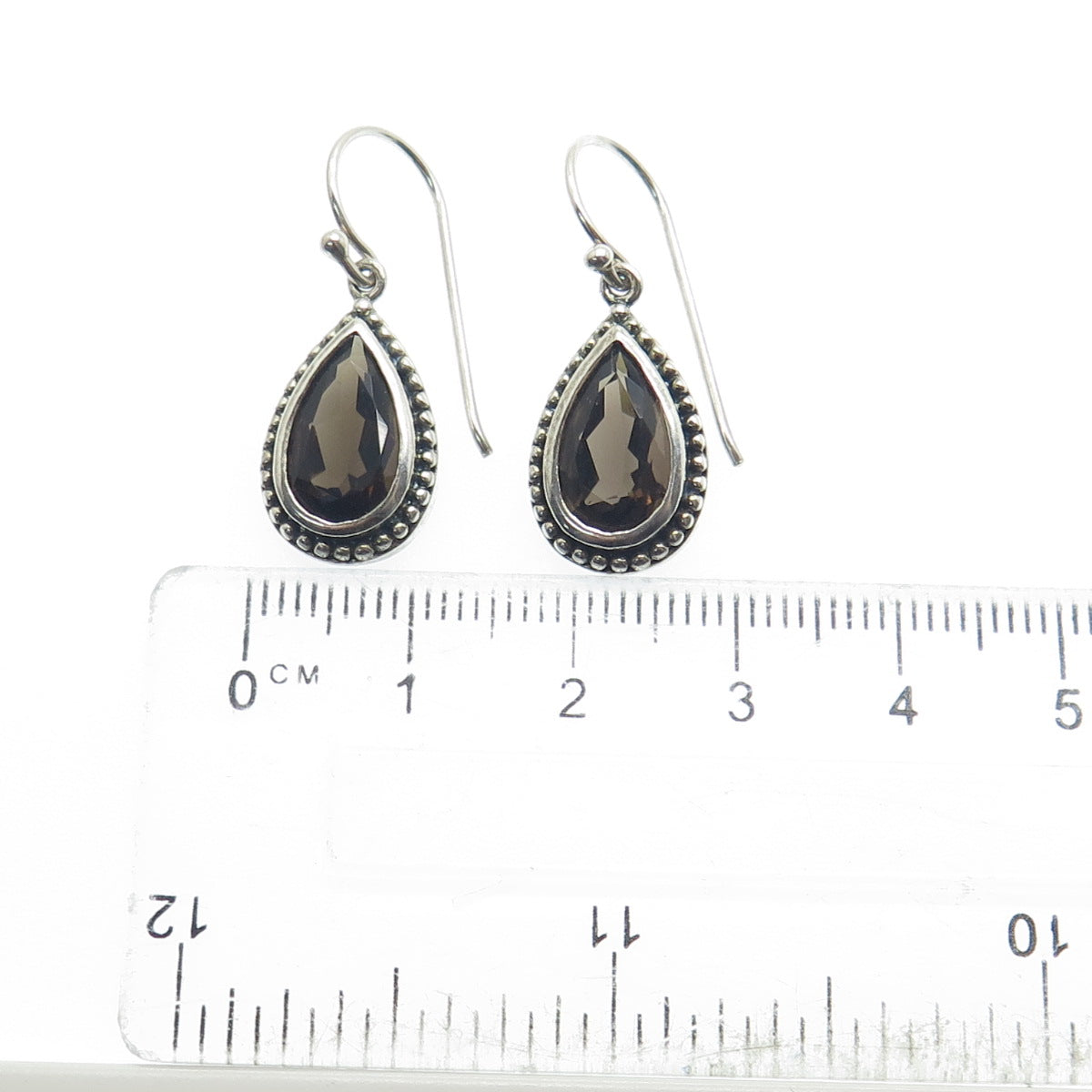 925 Sterling Silver Vintage Real Pear-Cut Smoky Quartz Dangle Earrings