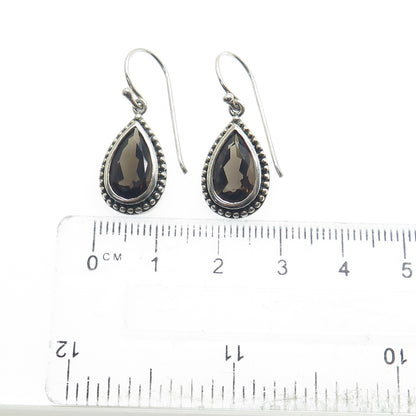 925 Sterling Silver Vintage Real Pear-Cut Smoky Quartz Dangle Earrings