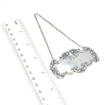925 Sterling Silver Antique Art Deco "Rye" Bottle Tag 6"