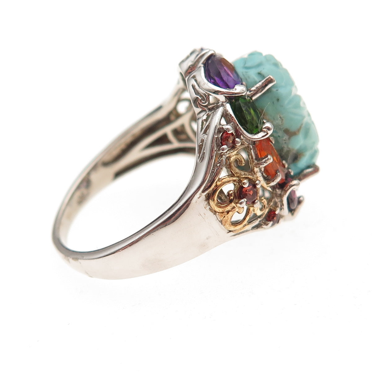 Chuck Clemency 925 Sterling Silver Real Multi-Color Gem Floral Ring Size 8.25