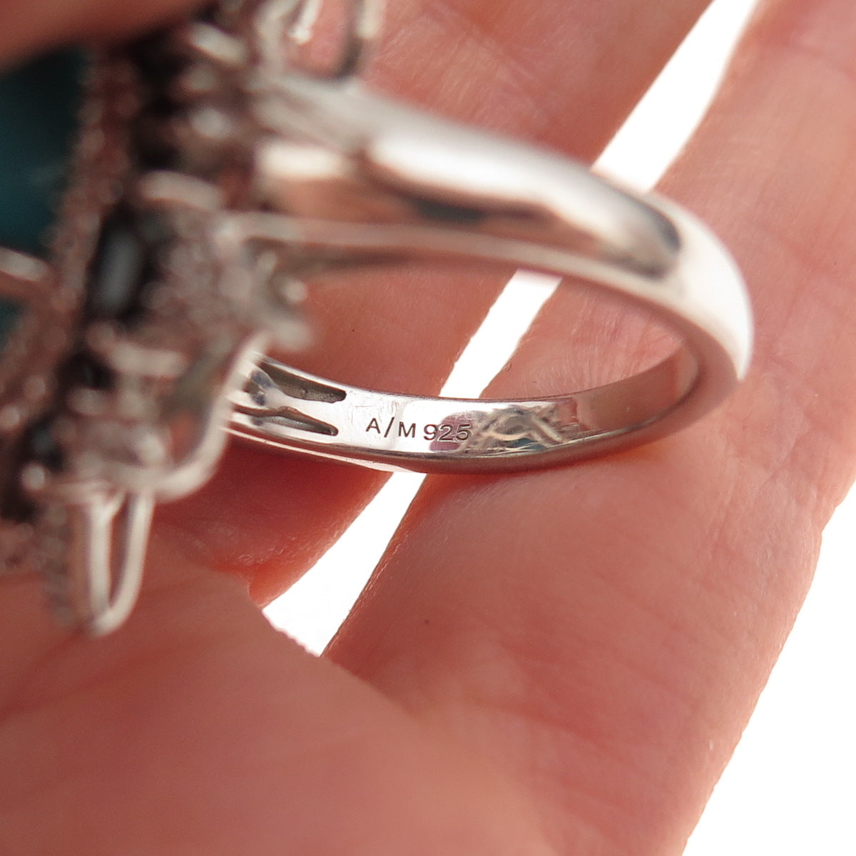 925 Sterling Silver Real Turquoise Black Spinel & White Topaz Floral Ring Size 8