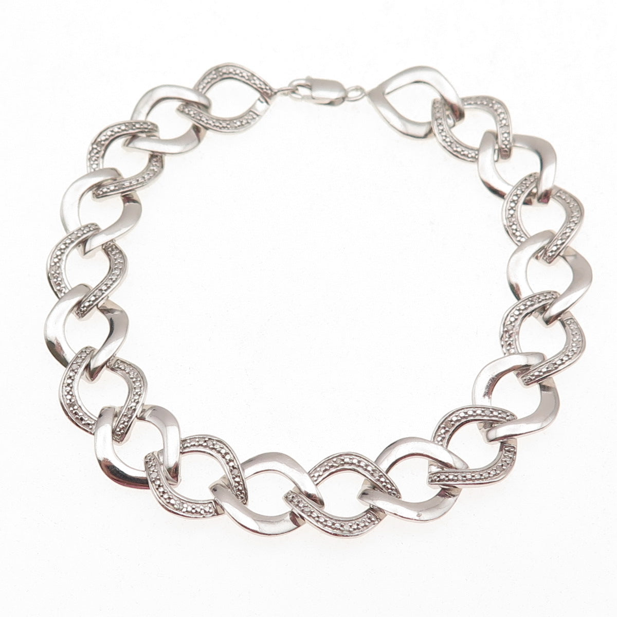 925 Sterling Silver Real Round-Cut Diamond Curb Link Bracelet 7.25"