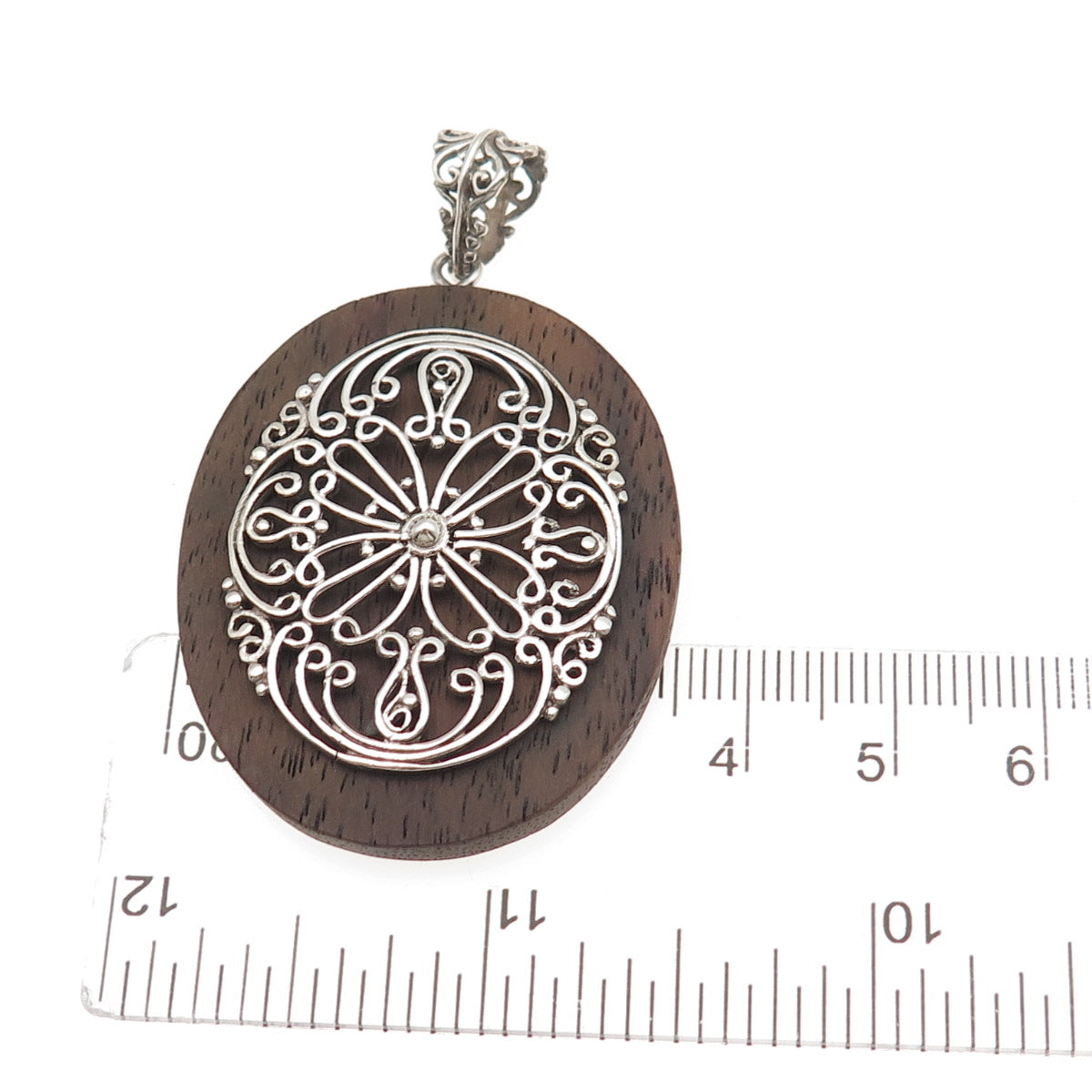 925 Sterling Silver Vintage Wood Floral Ornate Pendant
