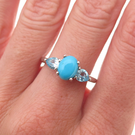Chuck Clemency 925 Sterling Silver Real Turquoise & Blue Topaz Ring Size 8.25