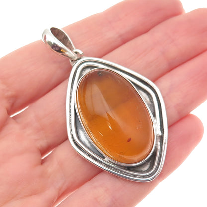 925 Sterling Silver Vintage Real Amber Modernist Oxidized Pendant