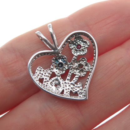 NEVADA 925 Sterling Silver Real Sapphire Ruby & Emerald Mom Heart Mini Pendant