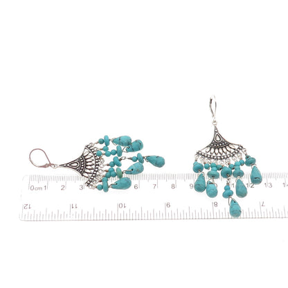 SX Sally C 925 Sterling Silver Vintage Real Turquoise Chandelier Dangle Earrings