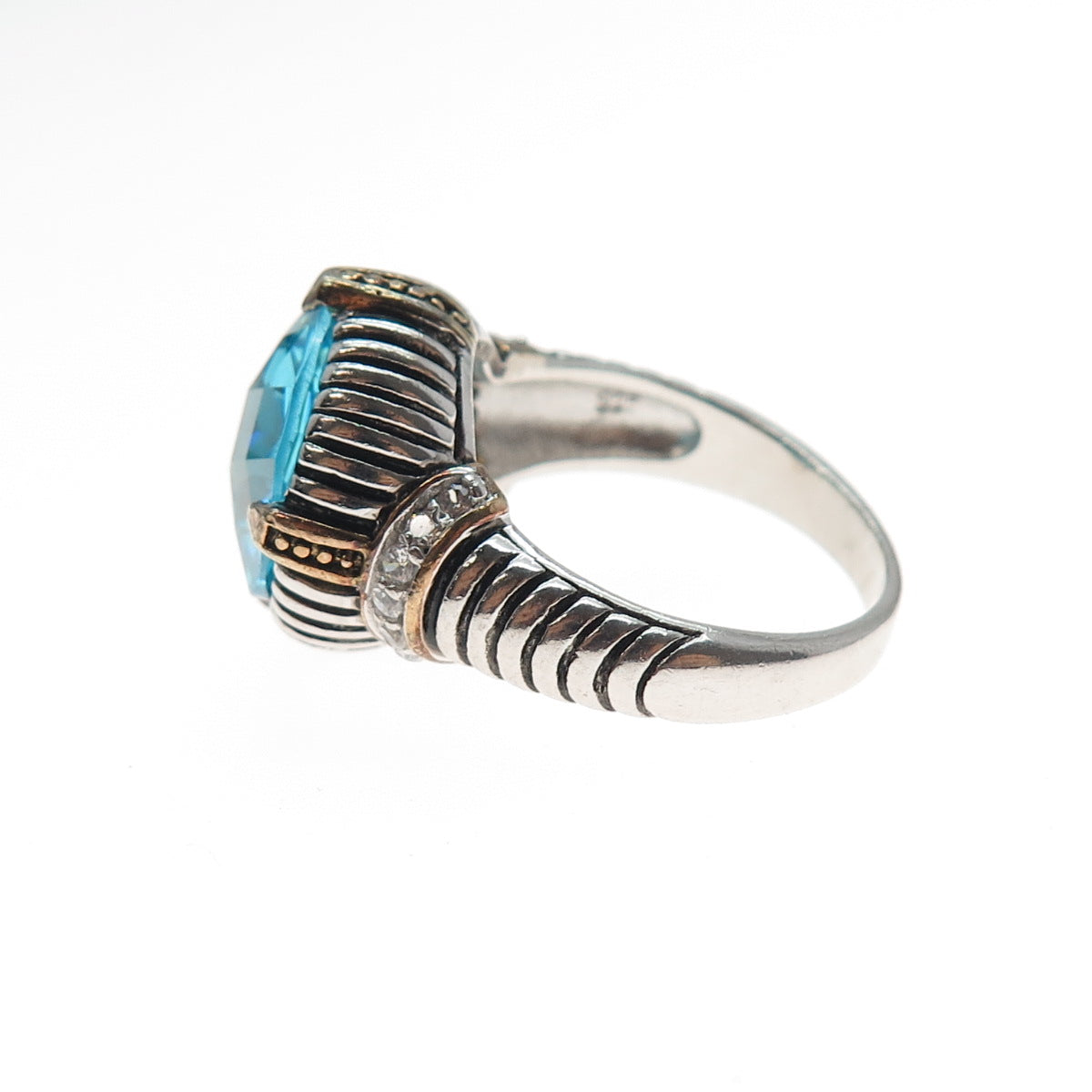 925 Sterling Silver Vintage Blue C Z Modernist Oxidized Ring Size 8.5