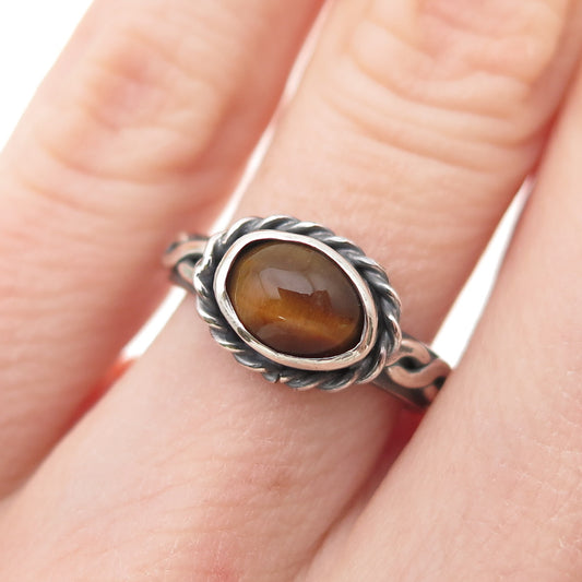925 Sterling Silver Vintage Real Tiger Eye Woven Oxidized Ring Size 5.25