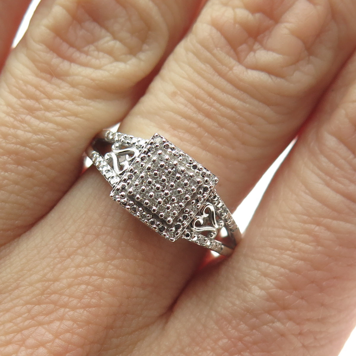 SUN 925 Sterling Silver Real Round-Cut Diamond Princess Square Ring Size 7.25