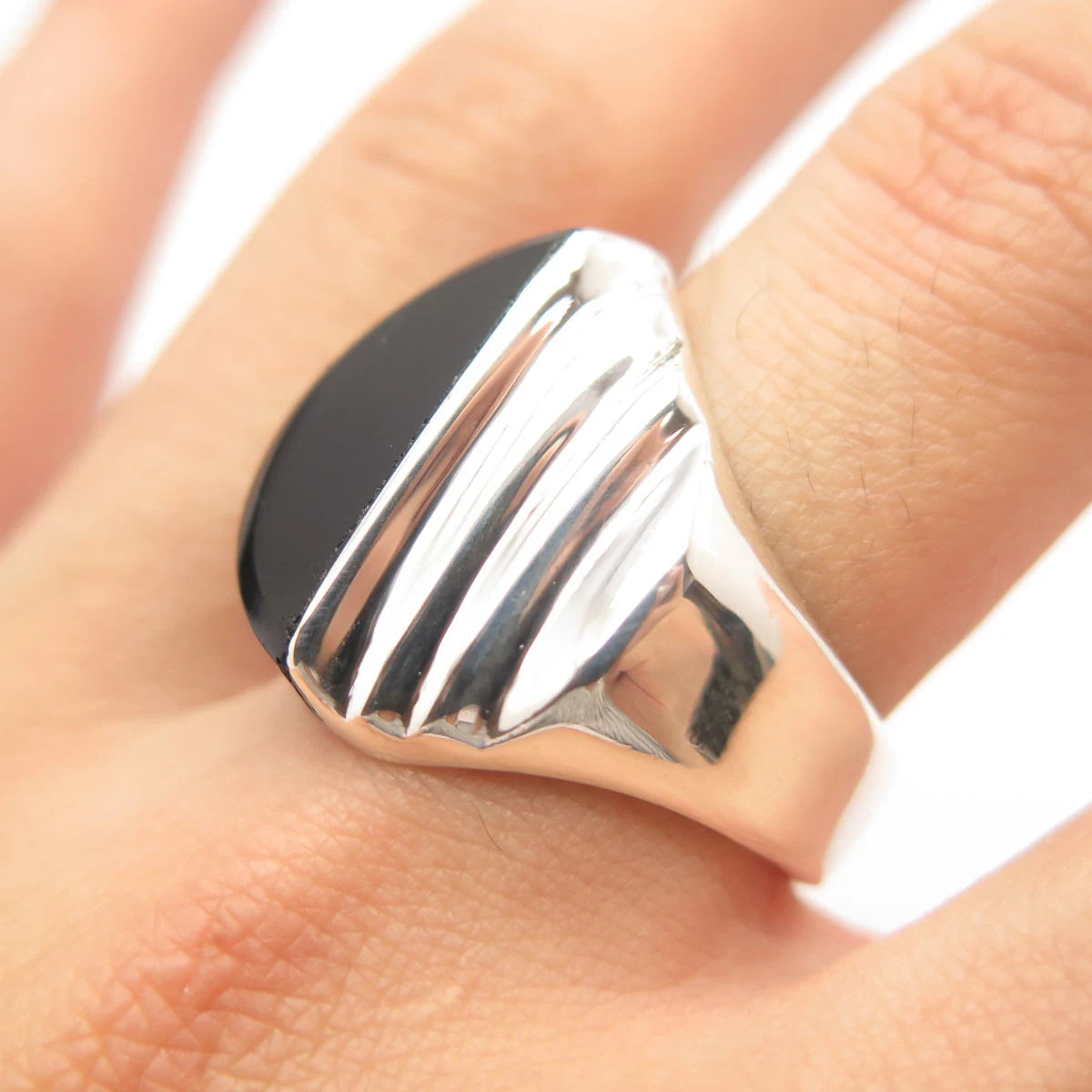 925 Sterling Silver Vintage Mexico Real Black Onyx Gem Modernist Ring Size 11