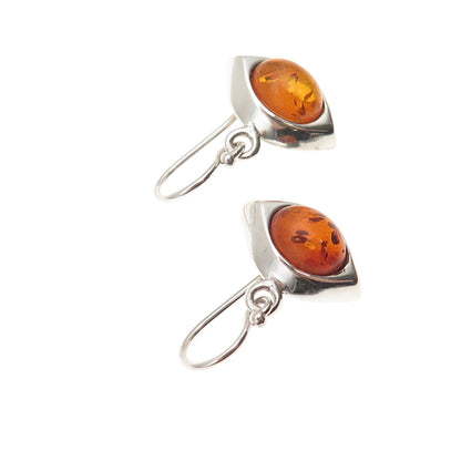 925 Sterling Silver Vintage Real Amber Modernist Evil's Eye Dangle Earrings