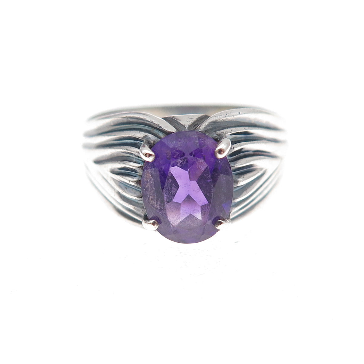 925 Sterling Silver Vintage Real Amethyst Modernist Oxidized Ring Size 7