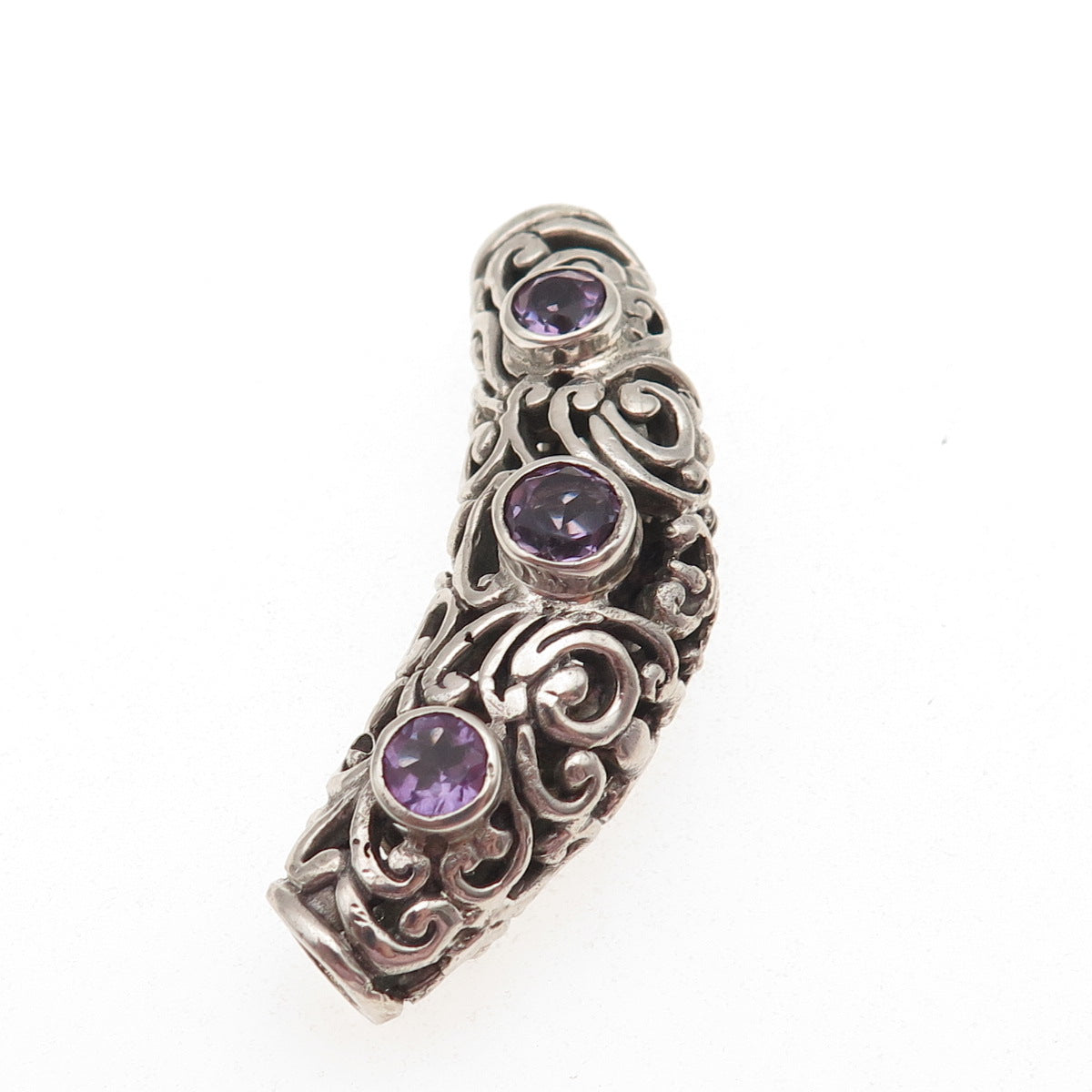 925 Sterling Silver Vintage Real Amethyst Floral Swirl Slide Pendant