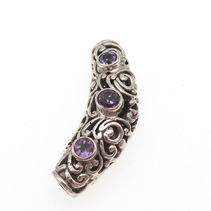 925 Sterling Silver Vintage Real Amethyst Floral Swirl Slide Pendant