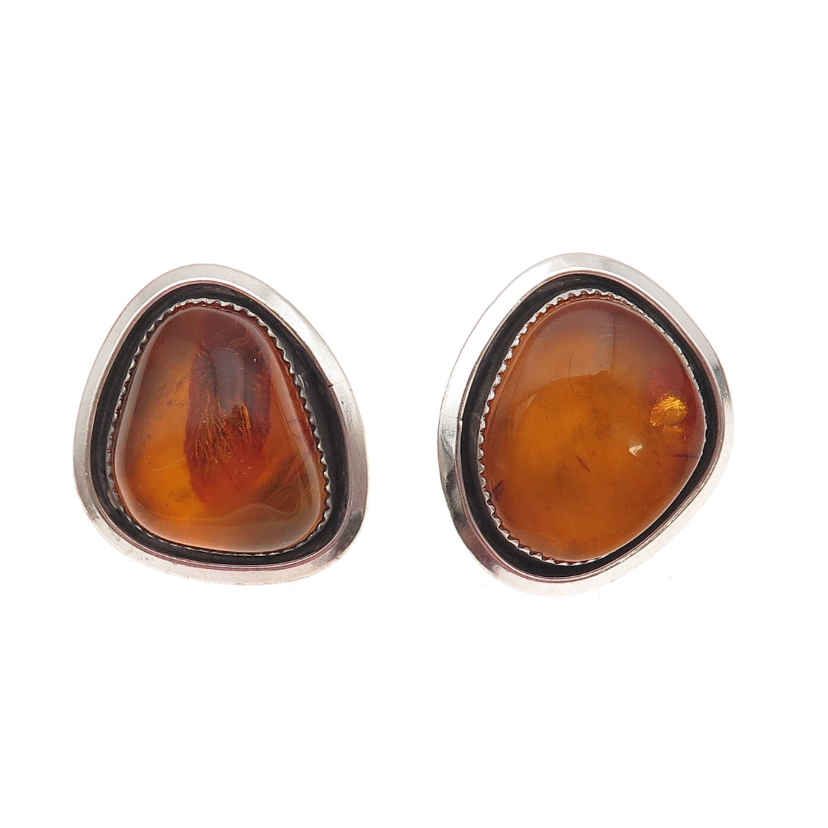 925 Sterling Silver Vintage Real Amber Modernist Oxidized Earrings