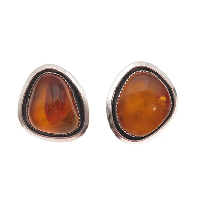 925 Sterling Silver Vintage Real Amber Modernist Oxidized Earrings