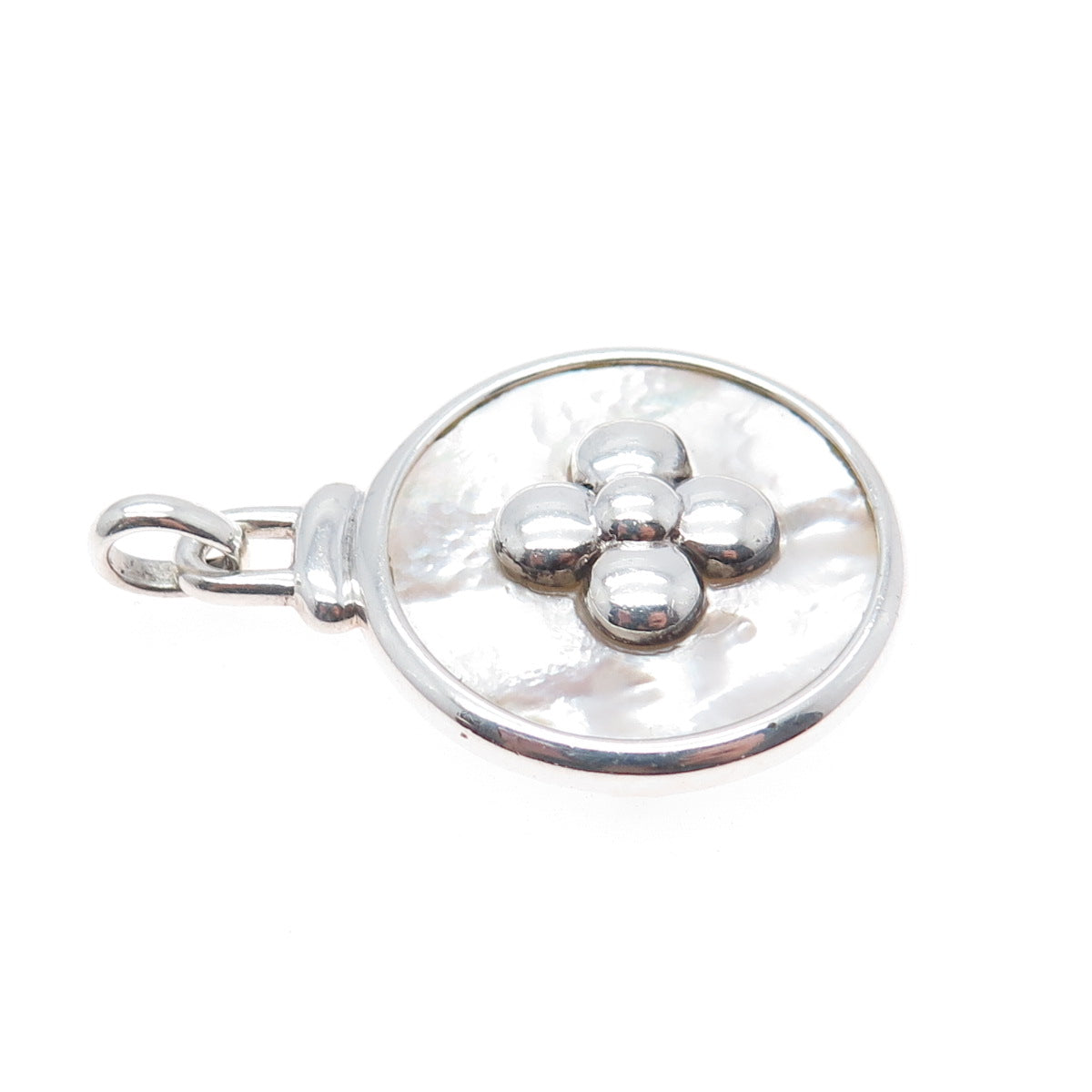 925 Sterling Silver Vintage Real MOP Flower Modernist Disc Pendant