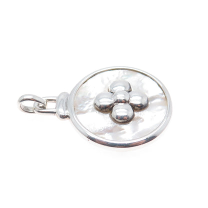 925 Sterling Silver Vintage Real MOP Flower Modernist Disc Pendant