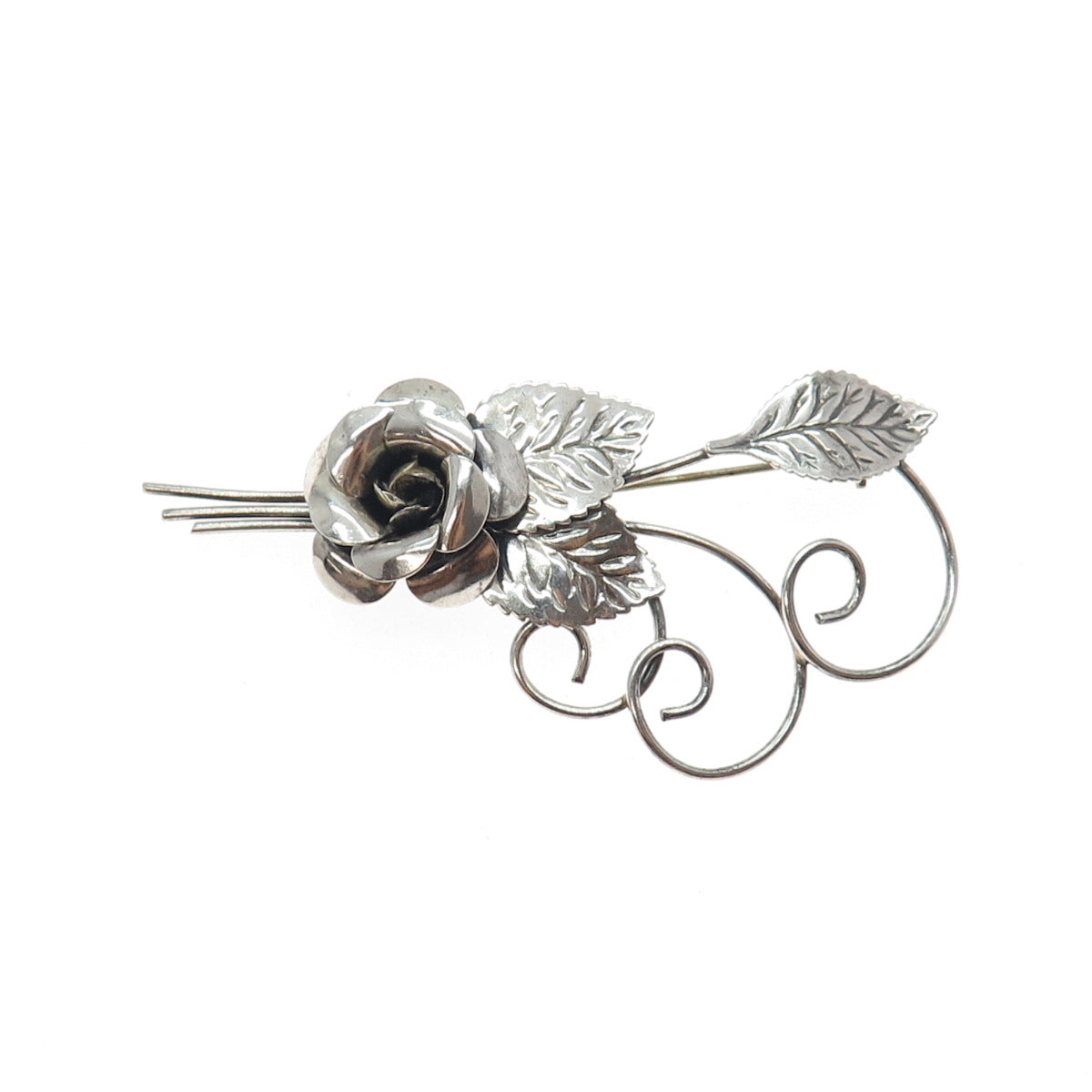 LANG 925 Sterling Silver Vintage Rose Flower Oxidized Pin Brooch