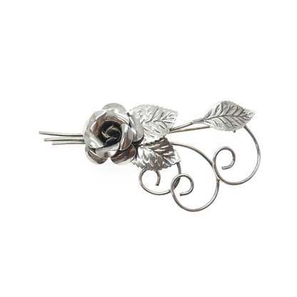 LANG 925 Sterling Silver Vintage Rose Flower Oxidized Pin Brooch