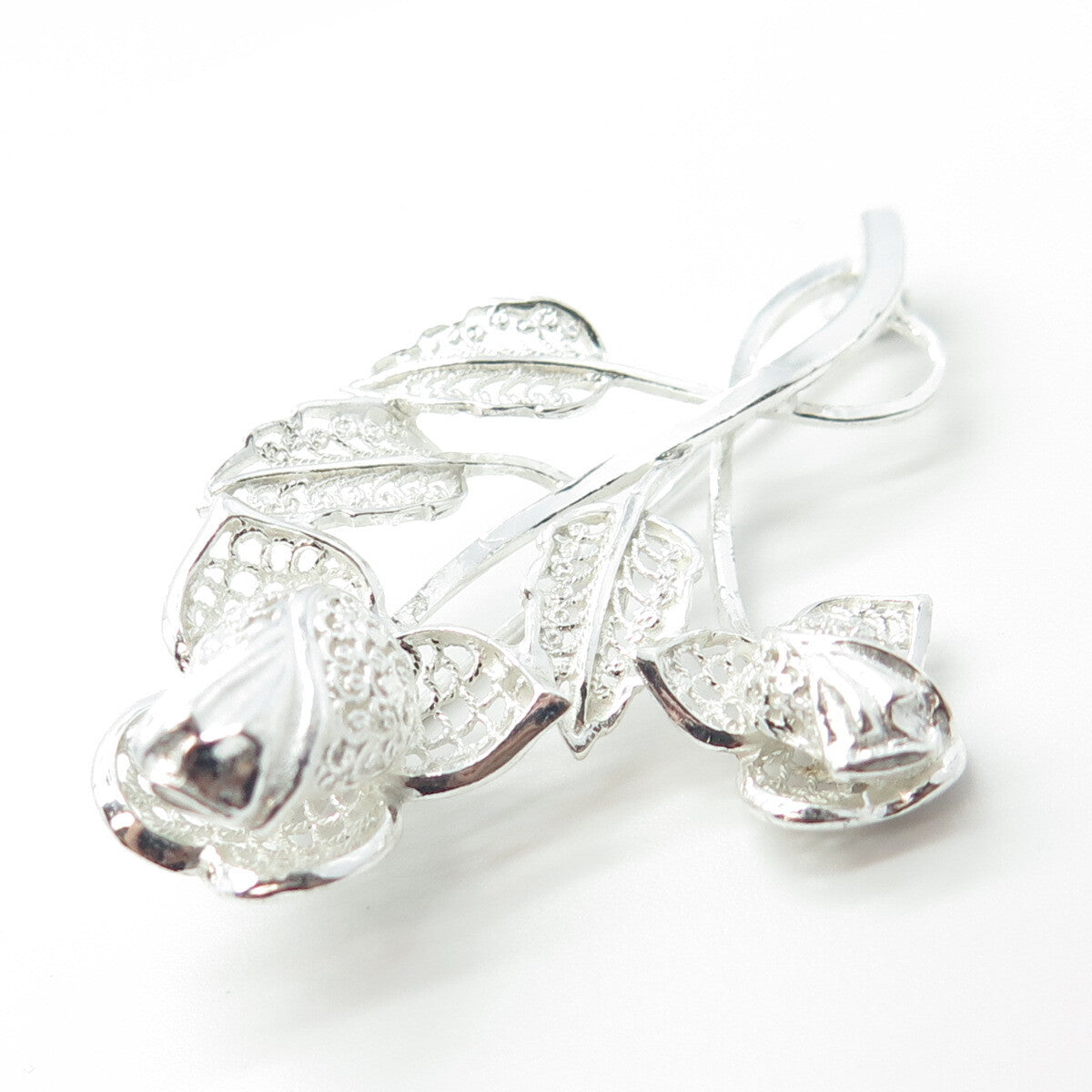 925 Sterling Silver Vintage Germany Twig Leaf Ornate Pin Brooch