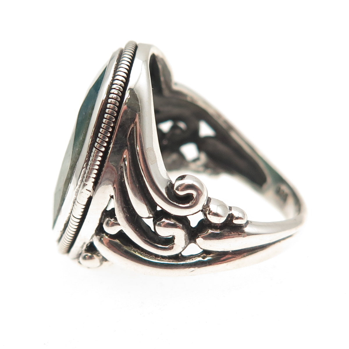 925 Sterling Silver Vintage Real Emerald Modernist Oxidized Ring Size 5.75